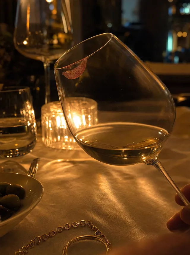 Take 2 — the detail: her glass, lipstick mark on the rim, candlelight