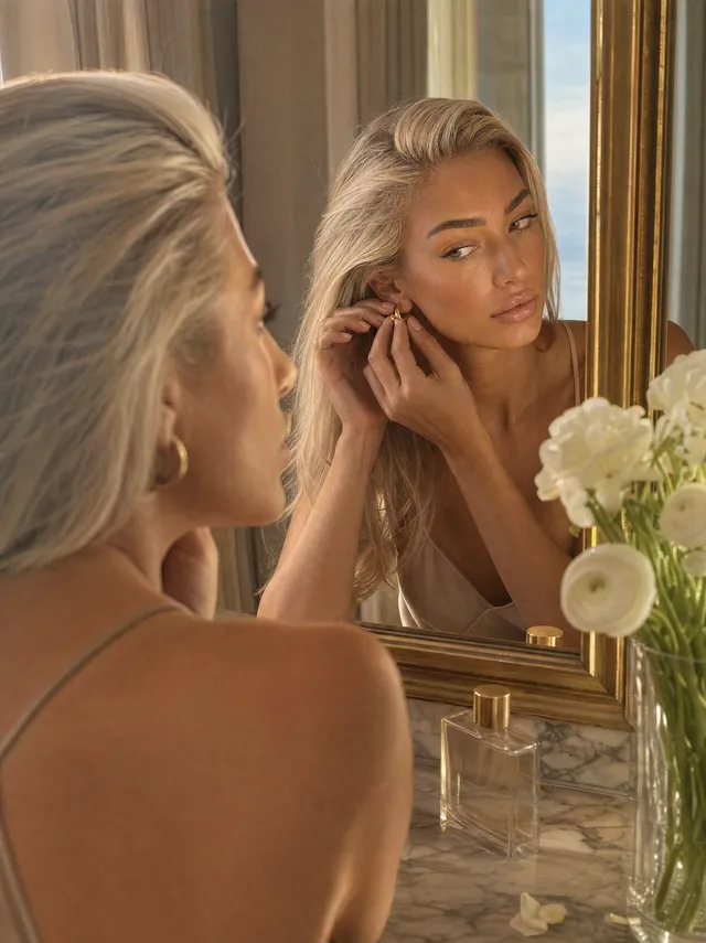 Bianca Valenti directed frame — the vanity ritual, gold hoop going in at the brass mirror
